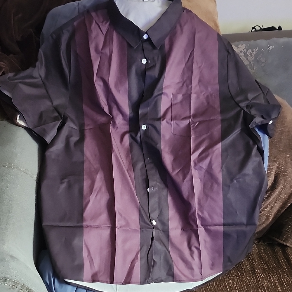 Men's Short Sleeve Button-Up Shirt in Black and Deep Purple Stripes
